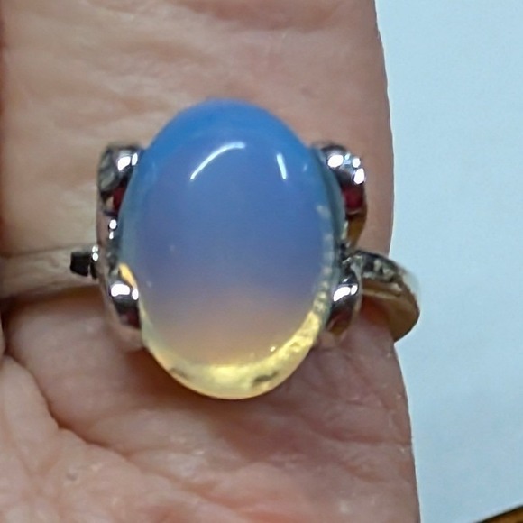 New Opalite Oval Cabochon Big Ring Plus Size 10.5 Blue SilverTone Statement Boho - Picture 4 of 11